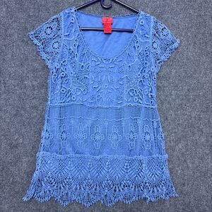 V Christina Womens Crochet Lace Top Blue Sz XL Lined Prairie Boho Hippie